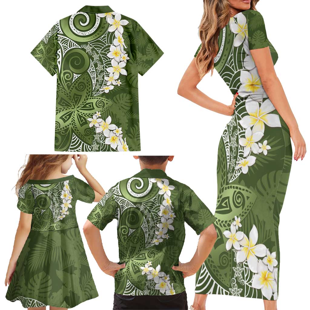 Green Polynesian Tribal Frangipani Tropical Vibe Family Matching Short Sleeve Bodycon Dress and Hawaiian Shirt LT14 - Polynesian Pride
