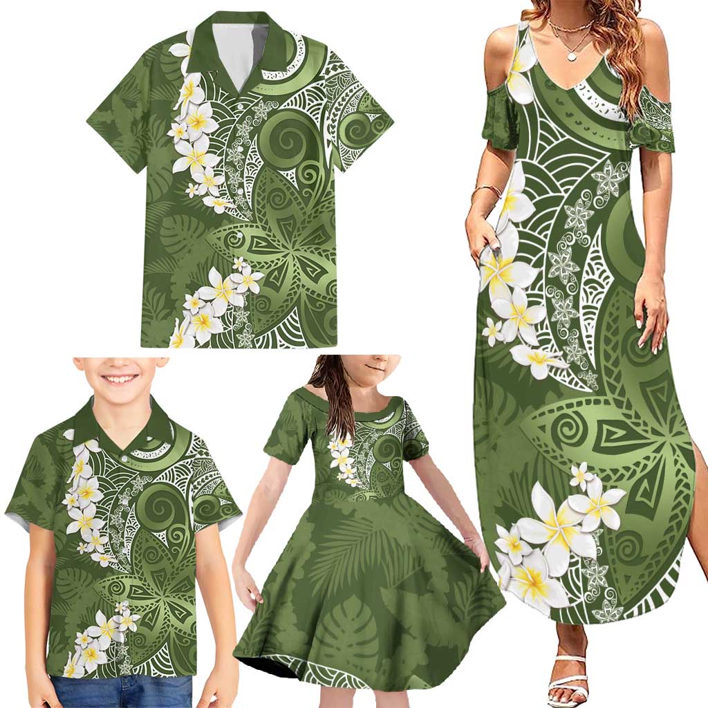 Green Polynesian Tribal Frangipani Tropical Vibe Family Matching Summer Maxi Dress and Hawaiian Shirt LT14 - Polynesian Pride