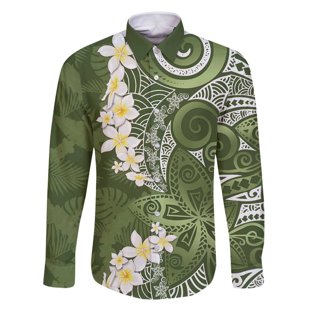 Green Polynesian Tribal Frangipani Tropical Vibe Family Matching Summer Maxi Dress and Hawaiian Shirt LT14 Dad's Shirt - Long Sleeve Green - Polynesian Pride