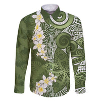 Green Polynesian Tribal Frangipani Tropical Vibe Family Matching Summer Maxi Dress and Hawaiian Shirt LT14 Dad's Shirt - Long Sleeve Green - Polynesian Pride