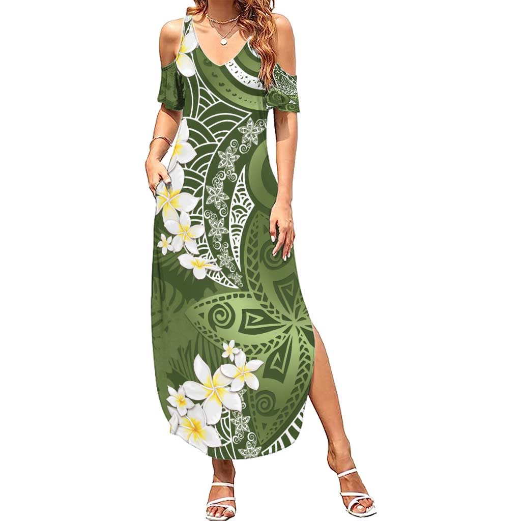 Green Polynesian Tribal Frangipani Tropical Vibe Family Matching Summer Maxi Dress and Hawaiian Shirt LT14 Mom's Dress Green - Polynesian Pride