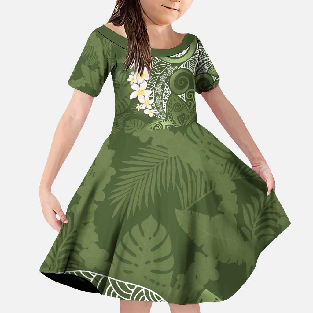 Green Polynesian Tribal Frangipani Tropical Vibe Family Matching Tank Maxi Dress and Hawaiian Shirt LT14 Daughter's Dress Green - Polynesian Pride