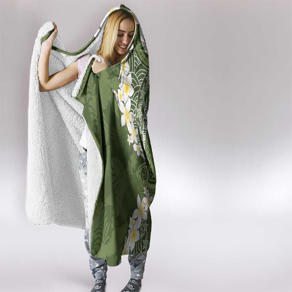Green Polynesian Tribal Frangipani Tropical Vibe Hooded Blanket