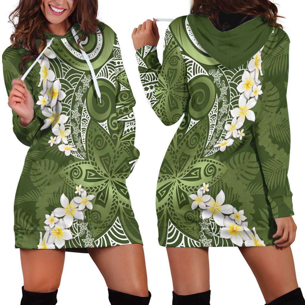Green Polynesian Tribal Frangipani Tropical Vibe Hoodie Dress