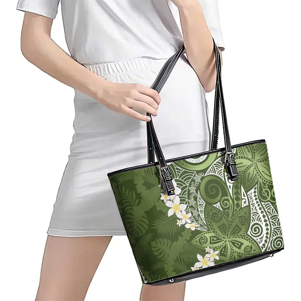 Green Polynesian Tribal Frangipani Tropical Vibe Leather Tote Bag