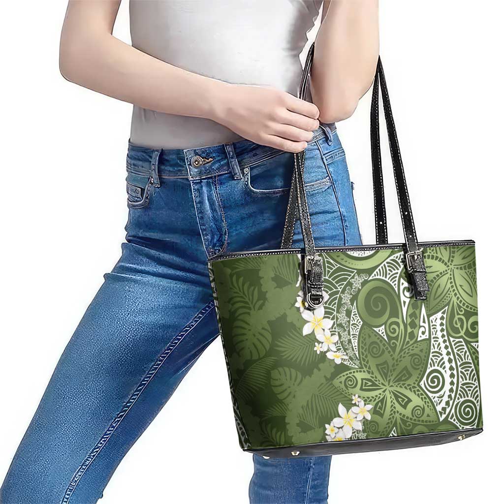 Green Polynesian Tribal Frangipani Tropical Vibe Leather Tote Bag