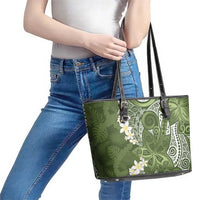Green Polynesian Tribal Frangipani Tropical Vibe Leather Tote Bag