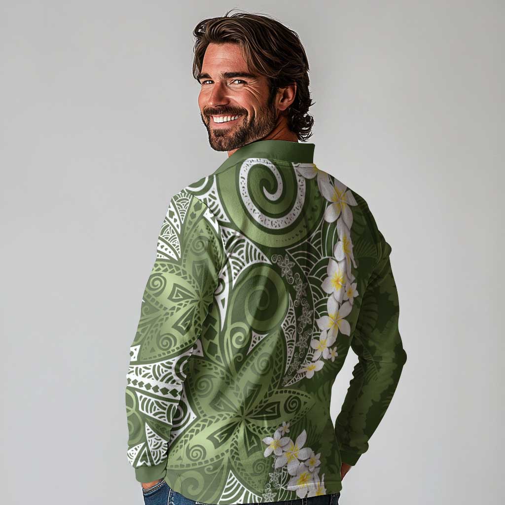 Green Polynesian Tribal Frangipani Tropical Vibe Long Sleeve Polo Shirt