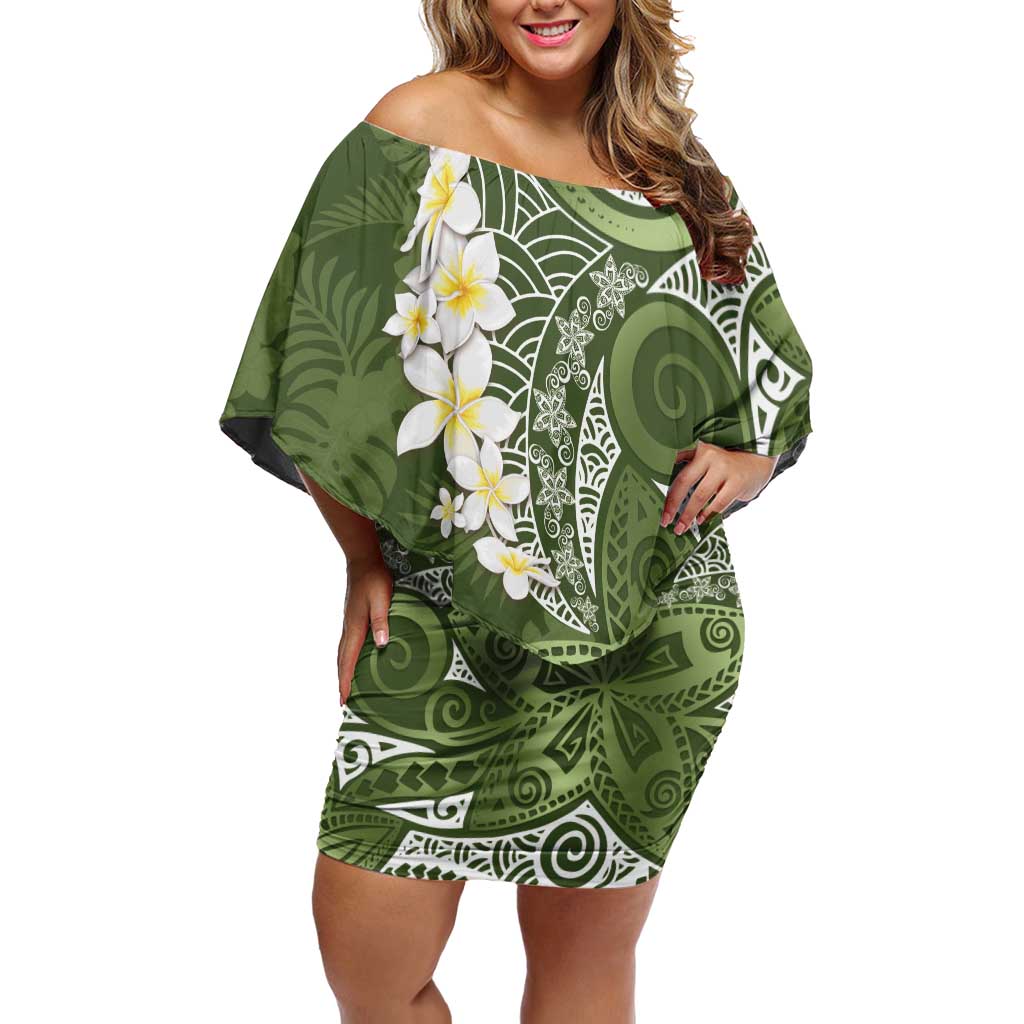 Green Polynesian Tribal Frangipani Tropical Vibe Off Shoulder Short Dress