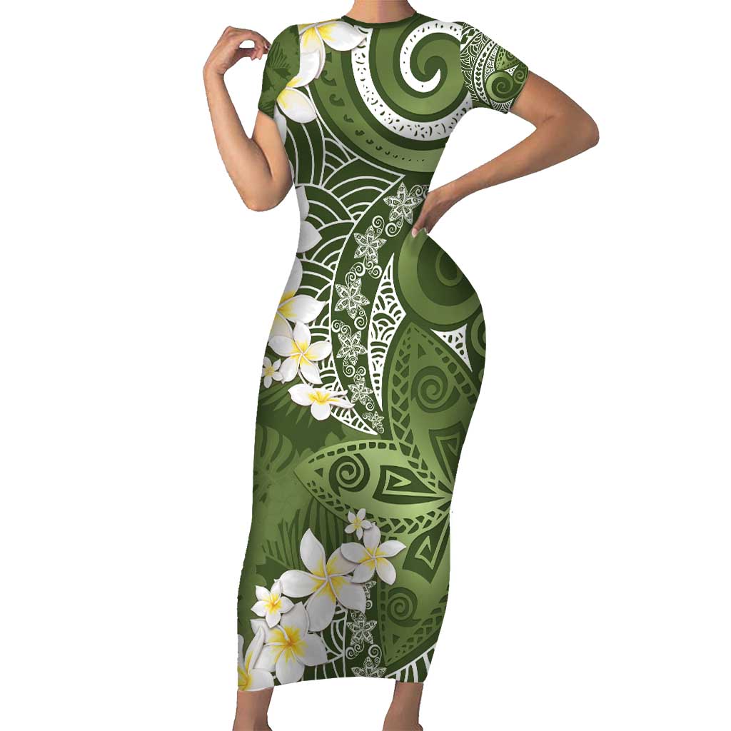 Green Polynesian Tribal Frangipani Tropical Vibe Short Sleeve Bodycon Dress