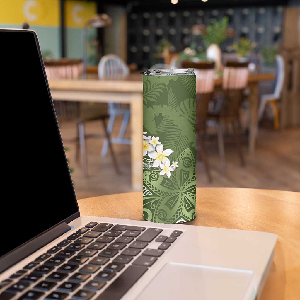 Green Polynesian Tribal Frangipani Tropical Vibe Skinny Tumbler