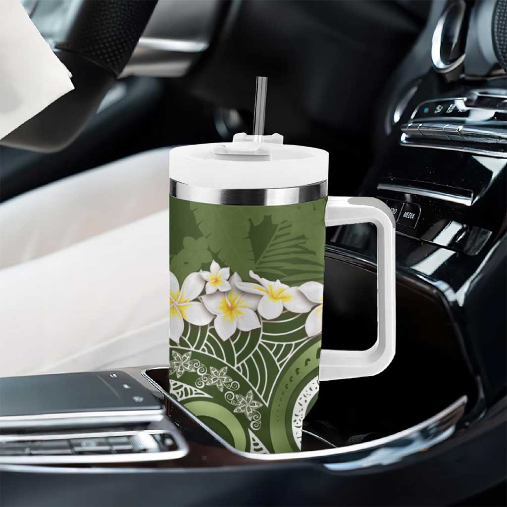 Green Polynesian Tribal Frangipani Tropical Vibe Tumbler With Handle