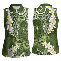 Green Polynesian Tribal Frangipani Tropical Vibe Women Sleeveless Polo Shirt