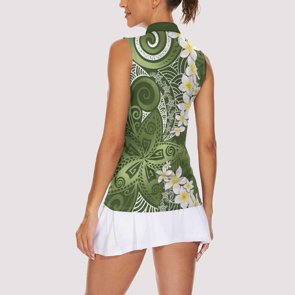 Green Polynesian Tribal Frangipani Tropical Vibe Women Sleeveless Polo Shirt