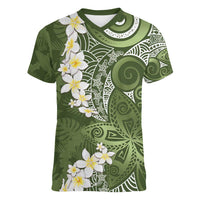 Green Polynesian Tribal Frangipani Tropical Vibe Women V-Neck T-Shirt