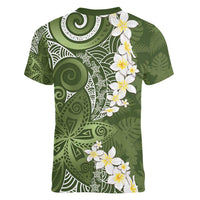 Green Polynesian Tribal Frangipani Tropical Vibe Women V-Neck T-Shirt