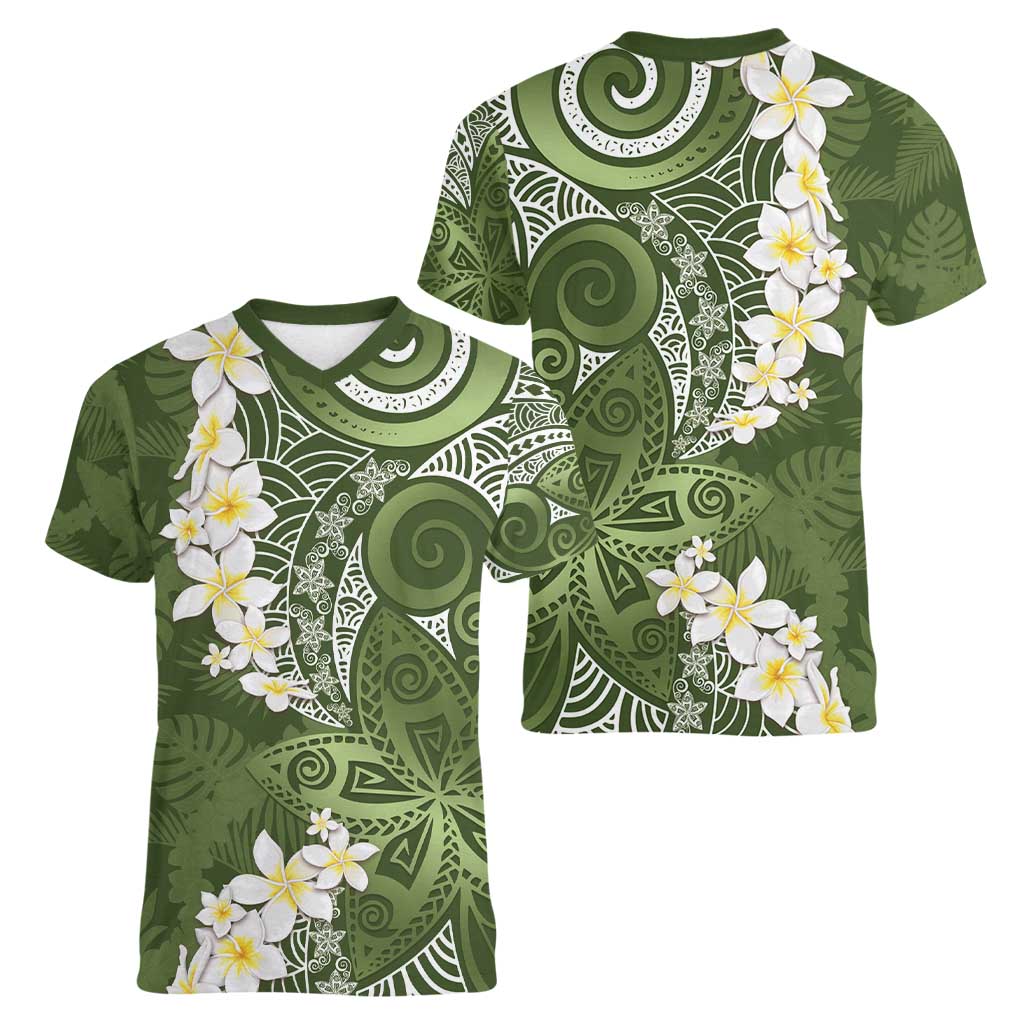 Green Polynesian Tribal Frangipani Tropical Vibe Women V-Neck T-Shirt