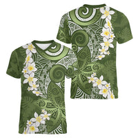 Green Polynesian Tribal Frangipani Tropical Vibe Women V-Neck T-Shirt