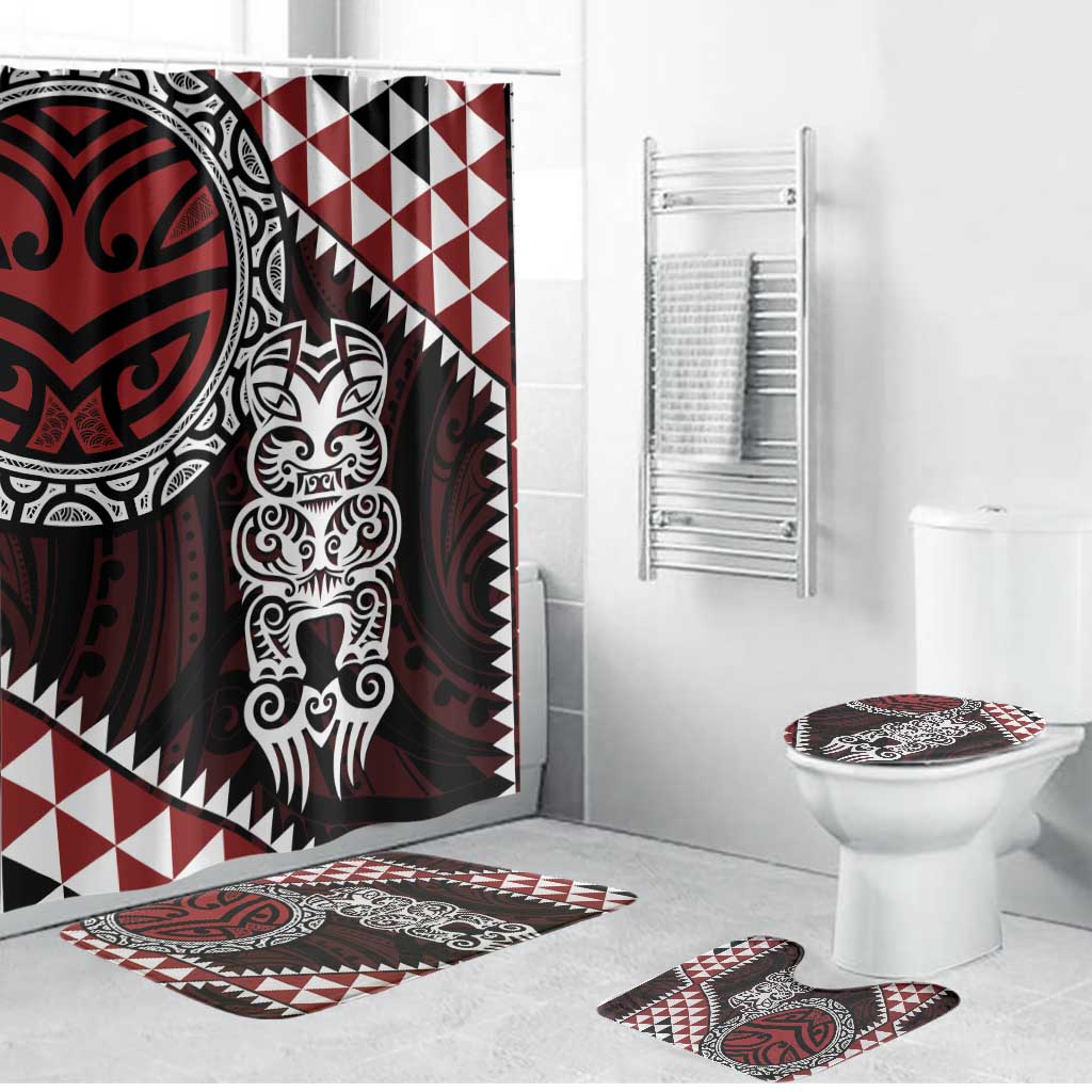 Red Aotearoa Niho Taniwha Bathroom Set Maori Mythology Tooth - Taniko Motifs LT14 Bathroom Set (4 pcs) Red - Polynesian Pride