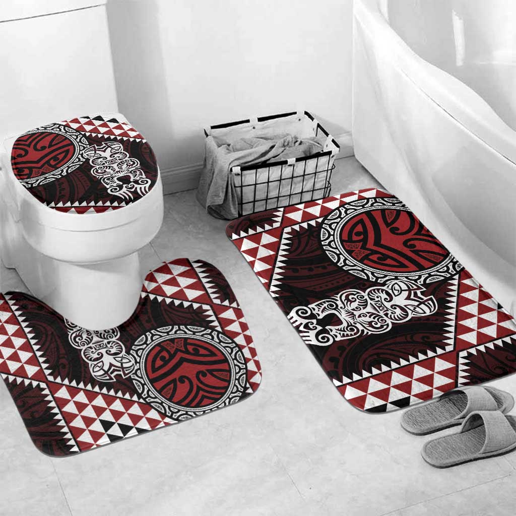 Red Aotearoa Niho Taniwha Bathroom Set Maori Mythology Tooth - Taniko Motifs LT14 Mat Set Only (3 pcs) One Size Red - Polynesian Pride