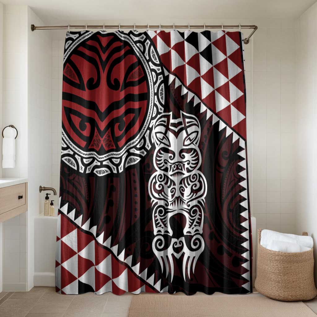 Red Aotearoa Niho Taniwha Bathroom Set Maori Mythology Tooth - Taniko Motifs LT14 Shower Curtain Only Red - Polynesian Pride