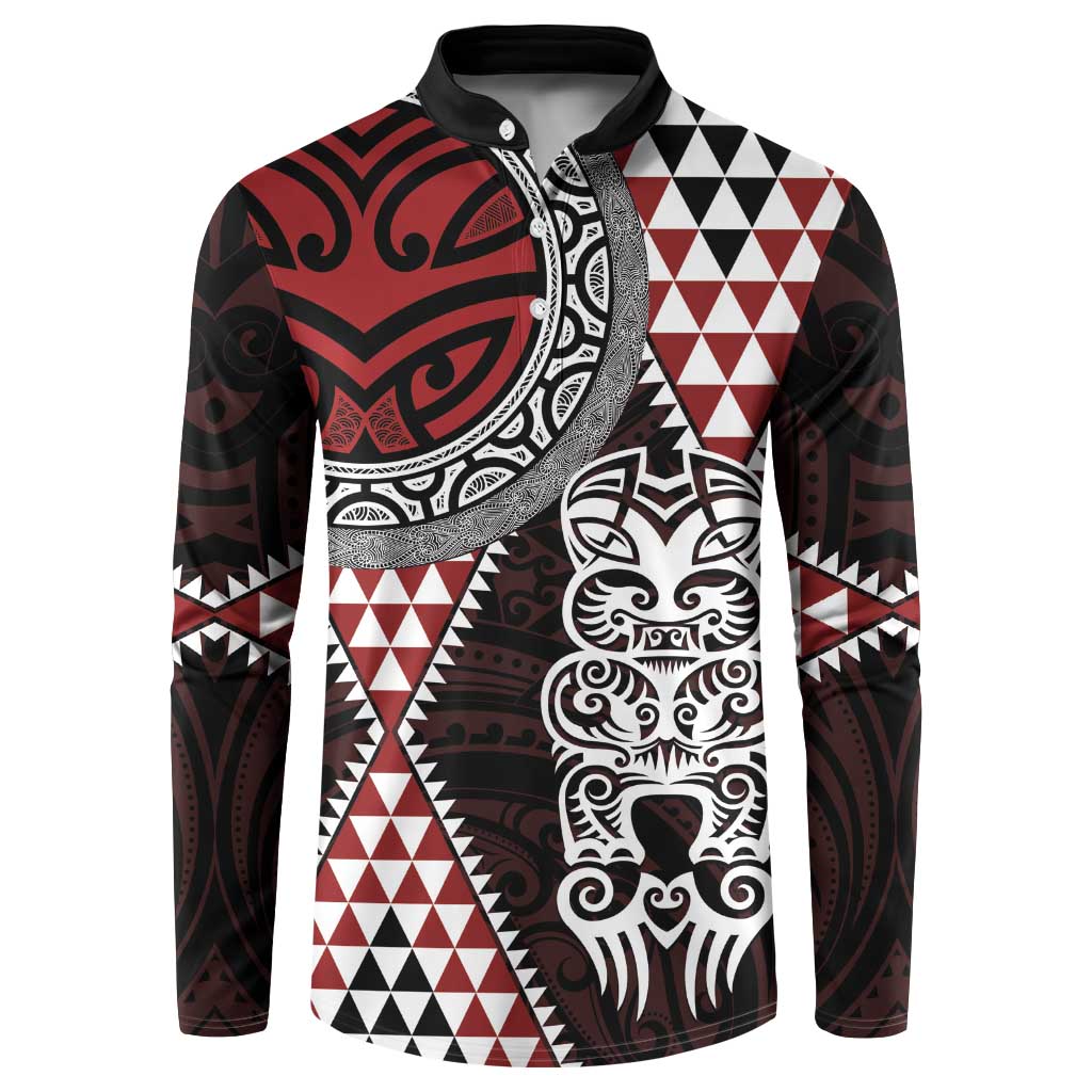 Red Aotearoa Niho Taniwha Button Sweatshirt Maori Mythology Tooth - Taniko Motifs LT14 Red - Polynesian Pride