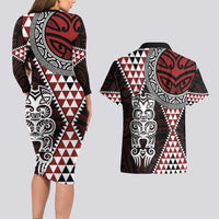 Red Aotearoa Niho Taniwha Couples Matching Long Sleeve Bodycon Dress and Hawaiian Shirt Maori Mythology Tooth - Taniko Motifs LT14 - Polynesian Pride