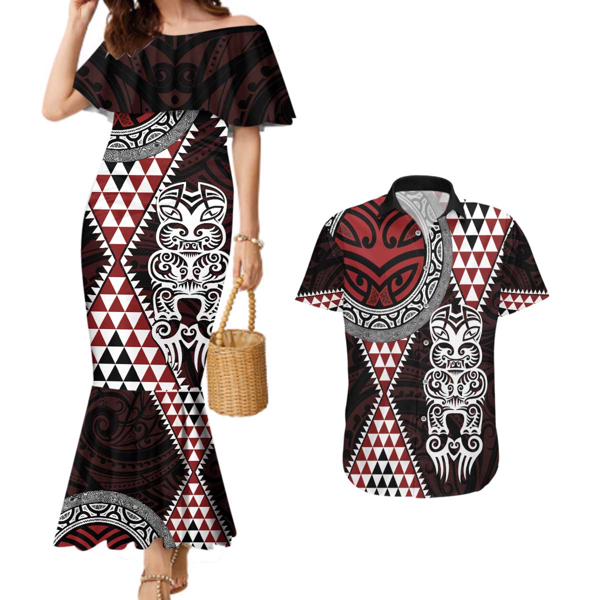 Red Aotearoa Niho Taniwha Couples Matching Mermaid Dress and Hawaiian Shirt Maori Mythology Tooth - Taniko Motifs LT14 Red - Polynesian Pride