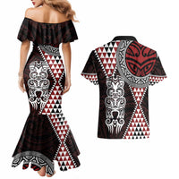 Red Aotearoa Niho Taniwha Couples Matching Mermaid Dress and Hawaiian Shirt Maori Mythology Tooth - Taniko Motifs LT14 - Polynesian Pride