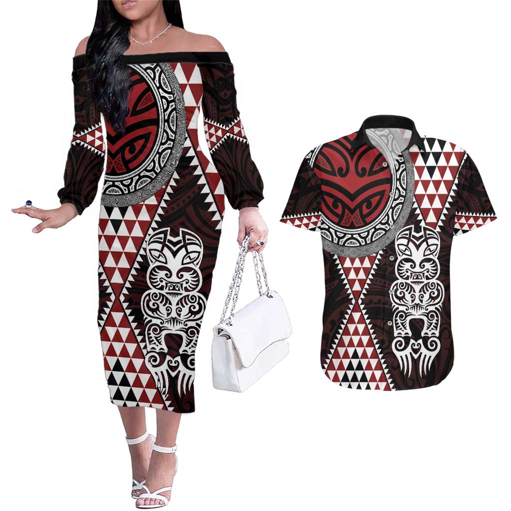 Red Aotearoa Niho Taniwha Couples Matching Off The Shoulder Long Sleeve Dress and Hawaiian Shirt Maori Mythology Tooth - Taniko Motifs LT14 Red - Polynesian Pride