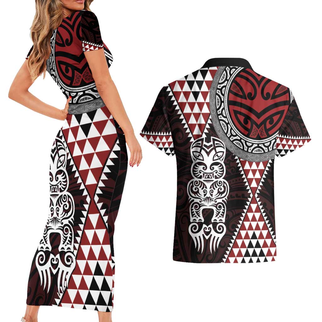 Red Aotearoa Niho Taniwha Couples Matching Short Sleeve Bodycon Dress and Hawaiian Shirt Maori Mythology Tooth - Taniko Motifs LT14 - Polynesian Pride