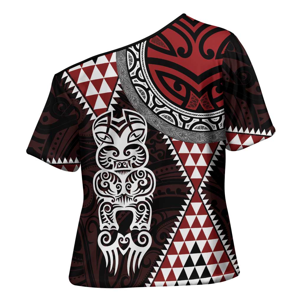 Red Aotearoa Niho Taniwha Cross Shoulder Shirt Maori Mythology Tooth - Taniko Motifs - Polynesian Pride