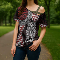 Red Aotearoa Niho Taniwha Cross Shoulder Shirt Maori Mythology Tooth - Taniko Motifs - Polynesian Pride