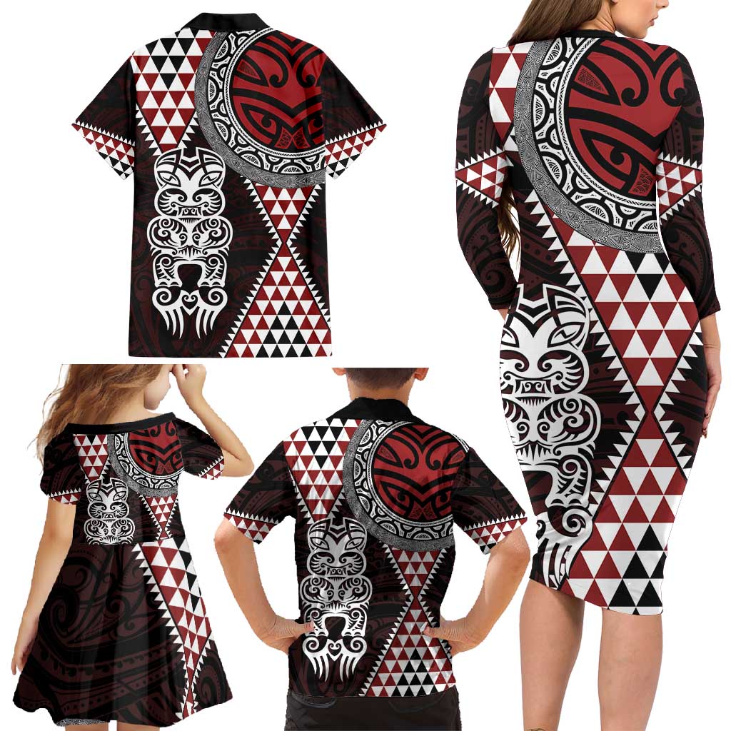 Red Aotearoa Niho Taniwha Family Matching Long Sleeve Bodycon Dress and Hawaiian Shirt Maori Mythology Tooth - Taniko Motifs LT14 - Polynesian Pride