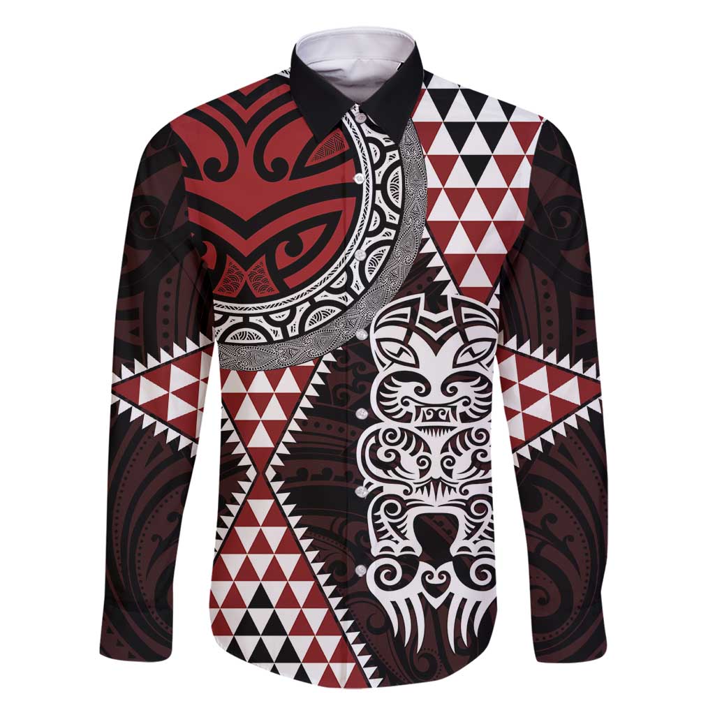 Red Aotearoa Niho Taniwha Family Matching Long Sleeve Bodycon Dress and Hawaiian Shirt Maori Mythology Tooth - Taniko Motifs LT14 Dad's Shirt - Long Sleeve Red - Polynesian Pride