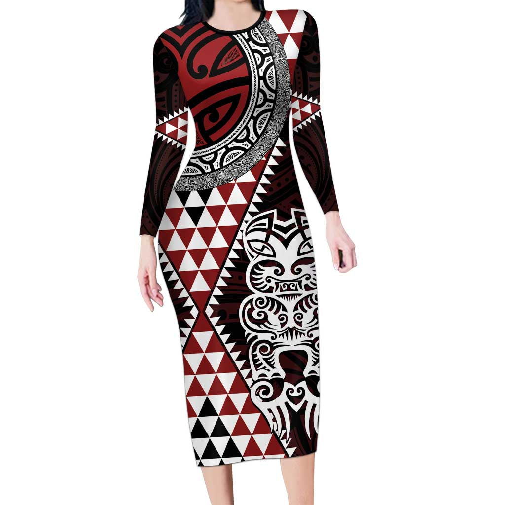 Red Aotearoa Niho Taniwha Family Matching Long Sleeve Bodycon Dress and Hawaiian Shirt Maori Mythology Tooth - Taniko Motifs LT14 Mom's Dress Red - Polynesian Pride