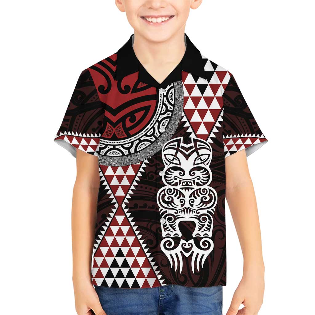 Red Aotearoa Niho Taniwha Family Matching Long Sleeve Bodycon Dress and Hawaiian Shirt Maori Mythology Tooth - Taniko Motifs LT14 Son's Shirt Red - Polynesian Pride