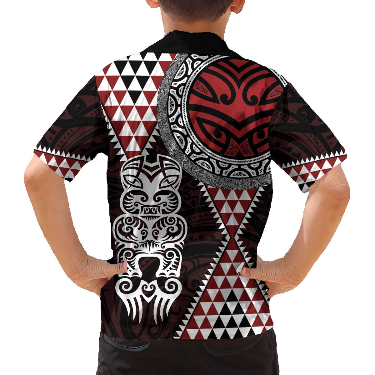 Red Aotearoa Niho Taniwha Family Matching Off The Shoulder Long Sleeve Dress and Hawaiian Shirt Maori Mythology Tooth - Taniko Motifs LT14 - Polynesian Pride