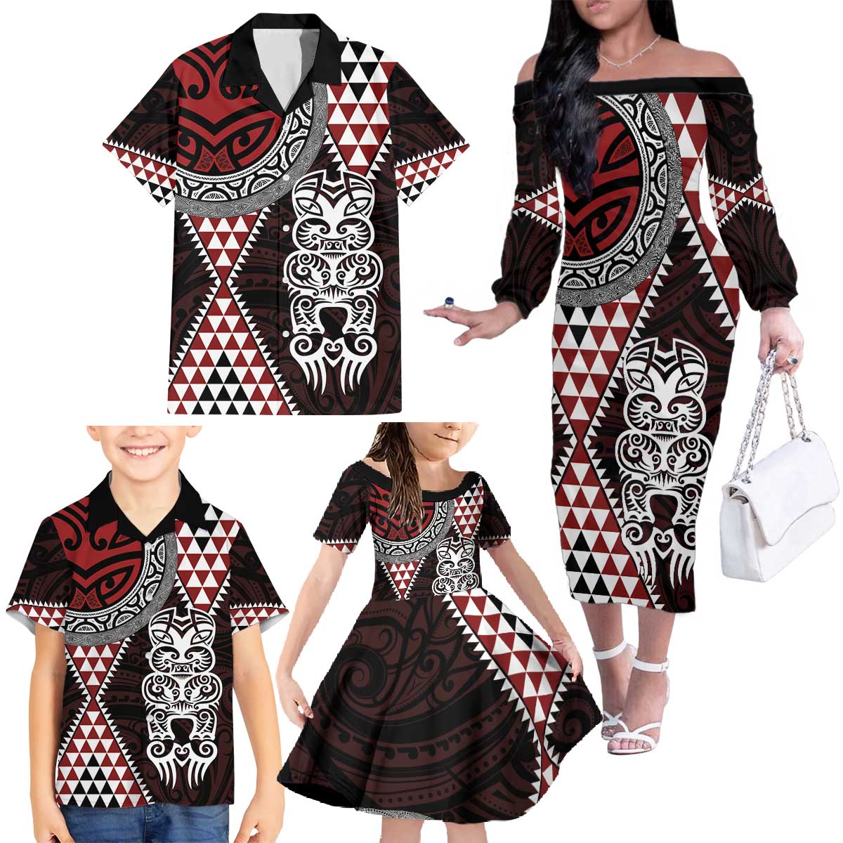 Red Aotearoa Niho Taniwha Family Matching Off The Shoulder Long Sleeve Dress and Hawaiian Shirt Maori Mythology Tooth - Taniko Motifs LT14 - Polynesian Pride