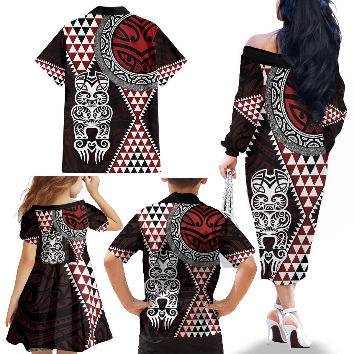 Red Aotearoa Niho Taniwha Family Matching Off The Shoulder Long Sleeve Dress and Hawaiian Shirt Maori Mythology Tooth - Taniko Motifs LT14 - Polynesian Pride