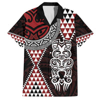 Red Aotearoa Niho Taniwha Family Matching Off The Shoulder Long Sleeve Dress and Hawaiian Shirt Maori Mythology Tooth - Taniko Motifs LT14 Dad's Shirt - Short Sleeve Red - Polynesian Pride