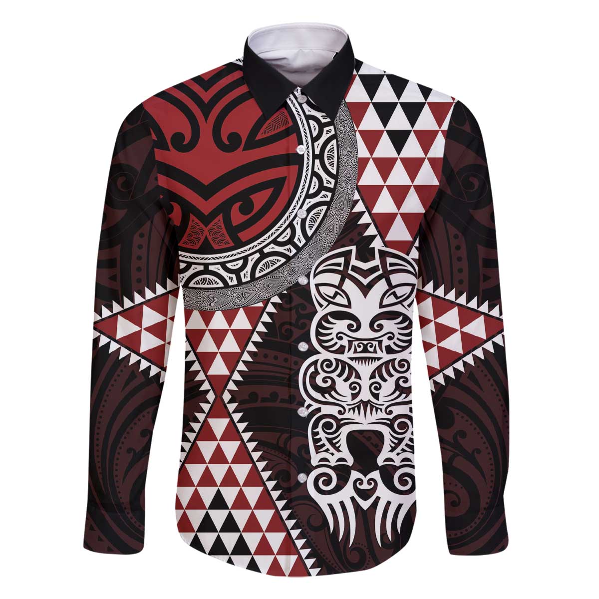 Red Aotearoa Niho Taniwha Family Matching Off The Shoulder Long Sleeve Dress and Hawaiian Shirt Maori Mythology Tooth - Taniko Motifs LT14 Dad's Shirt - Long Sleeve Red - Polynesian Pride