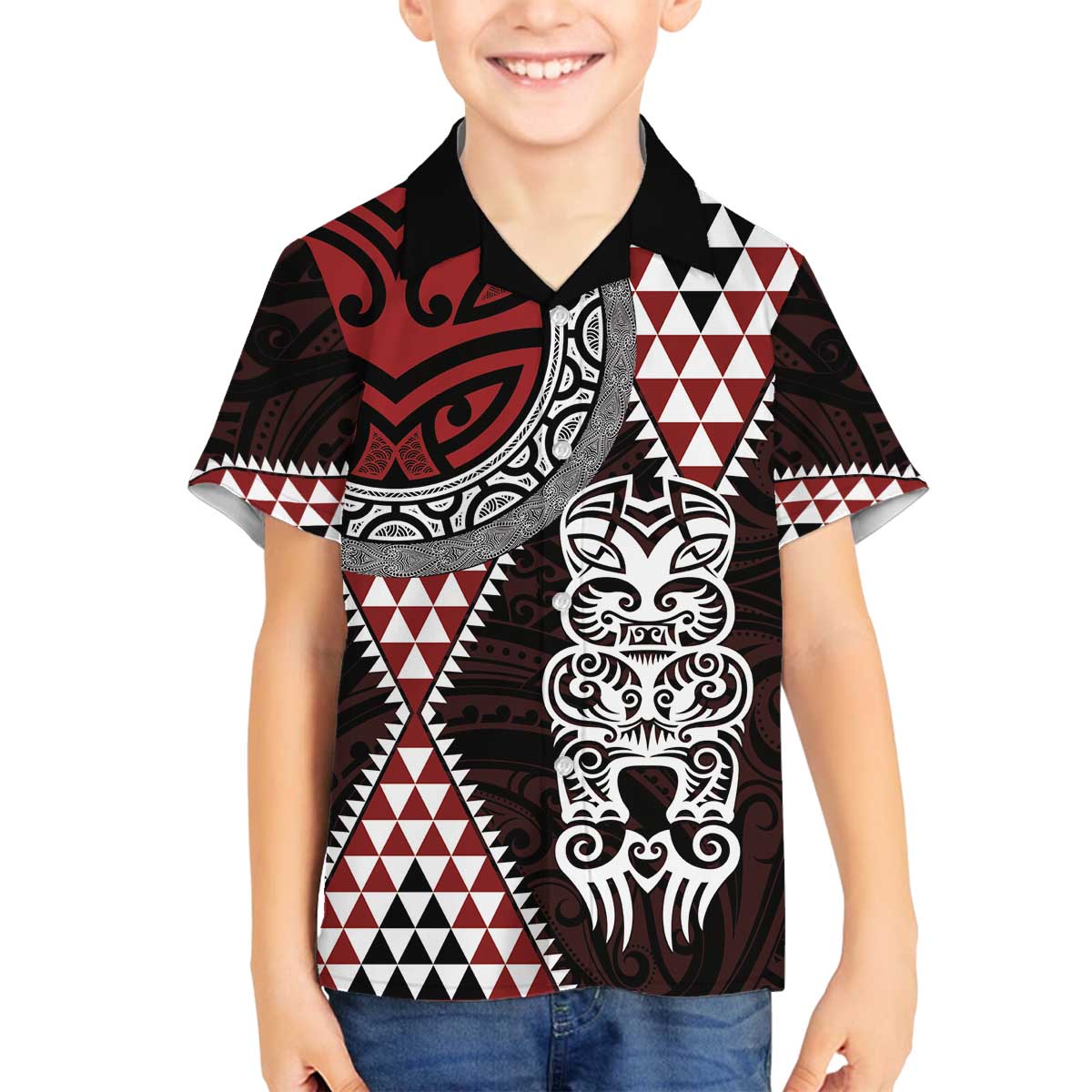 Red Aotearoa Niho Taniwha Family Matching Off The Shoulder Long Sleeve Dress and Hawaiian Shirt Maori Mythology Tooth - Taniko Motifs LT14 Son's Shirt Red - Polynesian Pride