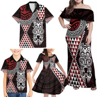 Red Aotearoa Niho Taniwha Family Matching Off Shoulder Maxi Dress and Hawaiian Shirt Maori Mythology Tooth - Taniko Motifs LT14 - Polynesian Pride