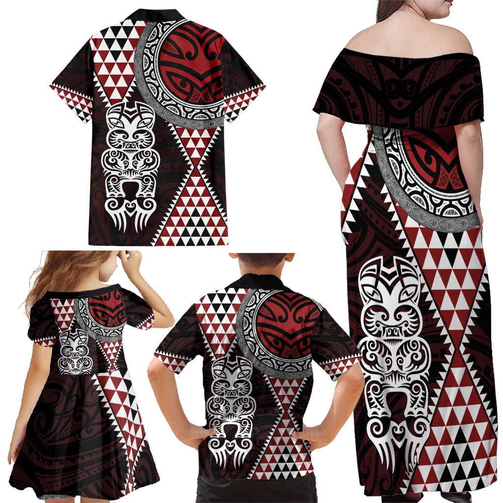Red Aotearoa Niho Taniwha Family Matching Off Shoulder Maxi Dress and Hawaiian Shirt Maori Mythology Tooth - Taniko Motifs LT14 - Polynesian Pride