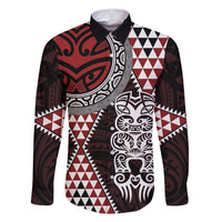Red Aotearoa Niho Taniwha Family Matching Off Shoulder Maxi Dress and Hawaiian Shirt Maori Mythology Tooth - Taniko Motifs LT14 Dad's Shirt - Long Sleeve Red - Polynesian Pride