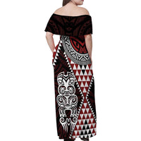 Red Aotearoa Niho Taniwha Family Matching Off Shoulder Maxi Dress and Hawaiian Shirt Maori Mythology Tooth - Taniko Motifs LT14 - Polynesian Pride