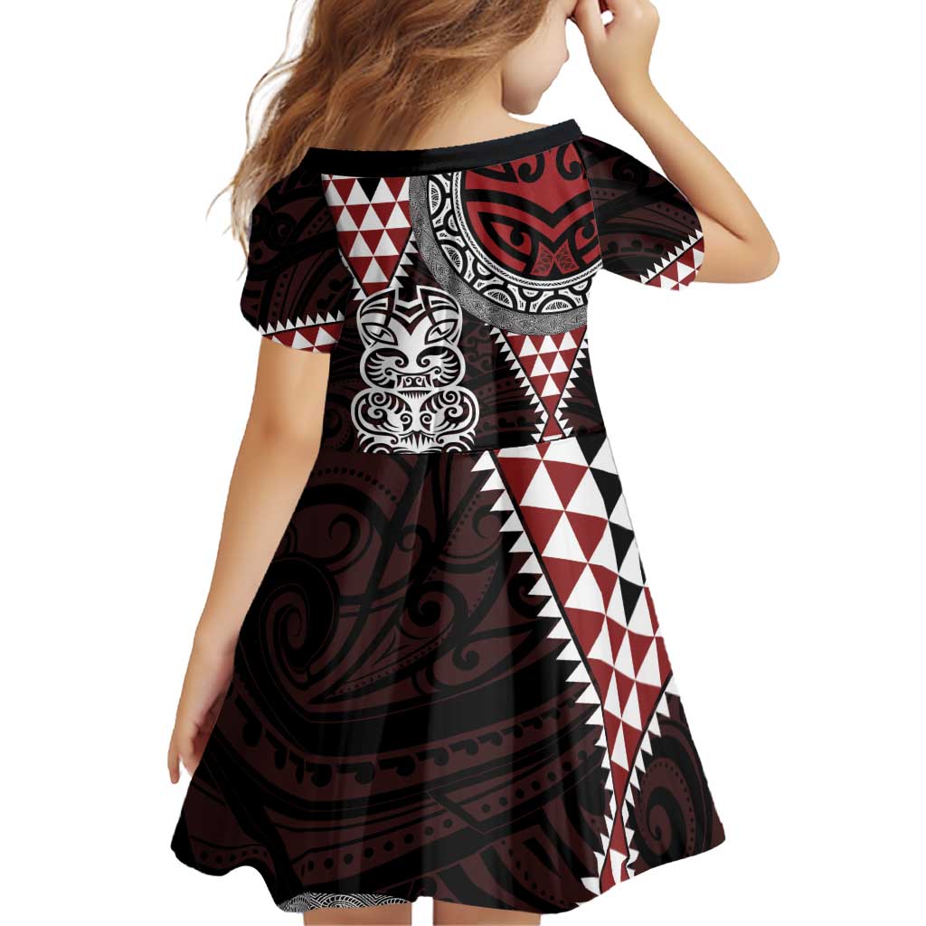 Red Aotearoa Niho Taniwha Family Matching Off Shoulder Short Dress and Hawaiian Shirt Maori Mythology Tooth - Taniko Motifs LT14 - Polynesian Pride