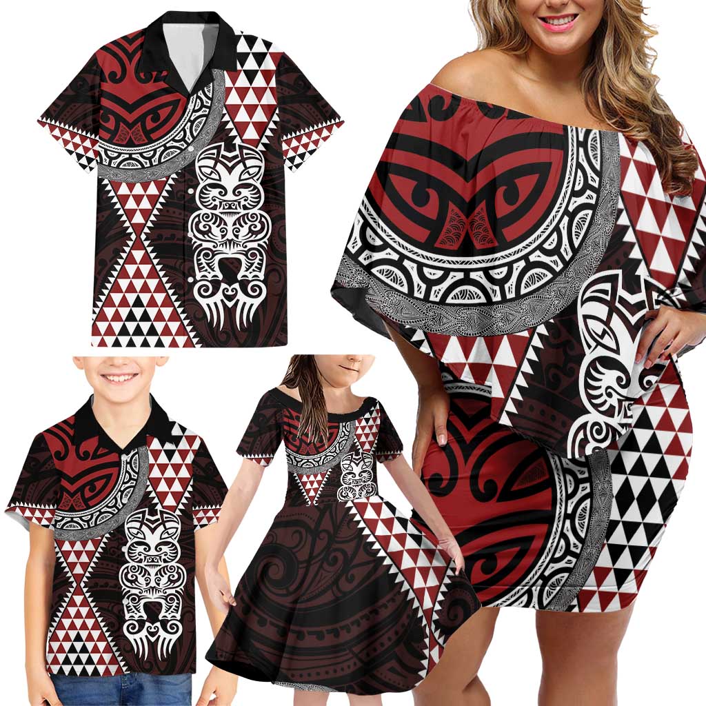Red Aotearoa Niho Taniwha Family Matching Off Shoulder Short Dress and Hawaiian Shirt Maori Mythology Tooth - Taniko Motifs LT14 - Polynesian Pride