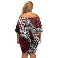 Red Aotearoa Niho Taniwha Family Matching Off Shoulder Short Dress and Hawaiian Shirt Maori Mythology Tooth - Taniko Motifs LT14 - Polynesian Pride
